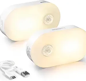 Rechargeable Battery Night Light with Motion Sensor, Portable Mini Warm White LED Stick-on Closet Light, Adjustable Brightness for Bathroom, Bedroom, Kitchen, Cabinet, Stairs, Hallway, 2-Pack