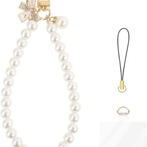 AULEEP Pearl Phone Strap, Bow Pearl Phone Charm Beaded Wrist Strap, 1pc | White, Beaded Smartphone Bracelet Wrist Strap with Tether Tab for Women, Handmade Chain for iPhone, Wallet, Bag, Key