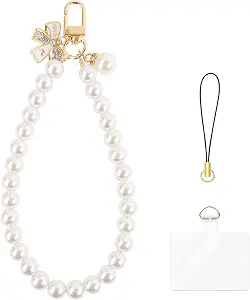 AULEEP Pearl Phone Strap, Bow Pearl Phone Charm Beaded Wrist Strap, 1pc | White, Beaded Smartphone Bracelet Wrist Strap with Tether Tab for Women, Handmade Chain for iPhone, Wallet, Bag, Key