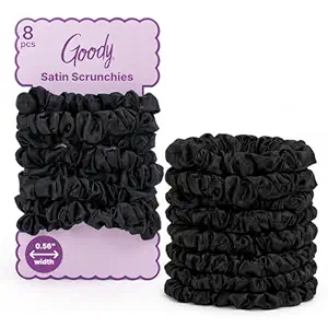 Goody Ouchless Skinny Satin Scrunchies, Frizz Fighting, No Damage Scrunchies, Gentle, Secure & Creaseless Hair Ties for Day and Overnight, All Hair Types, Gifts for Women & Girls, 8 Ct, Black