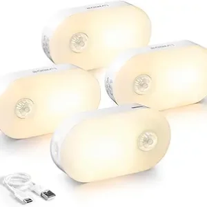 Rechargeable Battery Night Light with Motion Sensor, 4-Pack | Stepless Dimmable, Stick-on LED Nightlights for the Bedroom, Bathroom, Kitchen, Stairs, Hallway, Travel Friendly