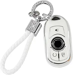 PIFOOG Key Fob Cover for Buick Regal Encore GX 5 Buttons Soft TPU Keys Shell Case Glittering Car Keychain Full Protector Girl Women Men Crystal White Silver