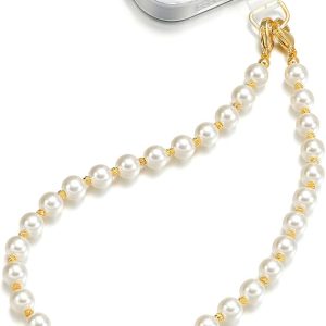Pearl Phone Charm Wrist Strap, Gold Beaded Lanyard Wristlet Chain, Elegant Bracelet Strap for iPhone & More Phone Cases