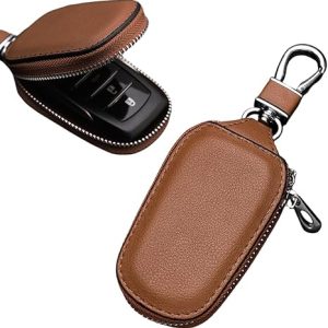 Yourkar Car Key Case, Genuine Leather Auto Key Fob Storage Bag, Key Chain Holder Key Ring Zipper Bag, Car Accessories (Brown)