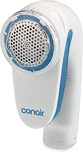 Conair Fabric Shaver and Lint Remover, Battery-Operated Portable Clothes Shaver with 3 Settings, Fuzz Remover for Sweaters, Clothing and Furniture, Large 2-Inch Shaving Head, White | Easy-to-store fabric shaver for clothing and furniture with 3 depth settings, a 2" shaving head, and detachable lint catcher