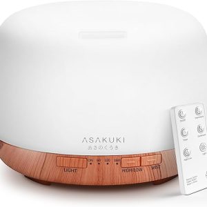 ASAKUKI Essential Oil Diffuser for Home, 500ML Aromatherapy Humidifier | with Remote Control, 7 Color LED Lights, Quiet Cool Mist Diffuser for Bedroom, Living Room, Office (Yellow)