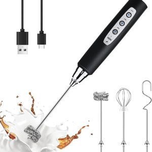 YUSWKO Handheld Milk Frother Wand for Coffee, Rechargeable Electric Whisk with 3 Heads 3 Speeds Drink Mixer Coffee Frother For Latte, Cappuccino, Hot Chocolate, Egg, Black