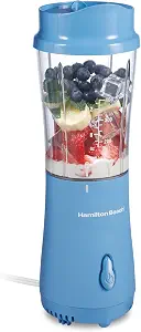 Hamilton Beach Portable Blender for Smoothies With 14 oz. Travel Jar | BPA Free Jar & Lid | Durable Stainless Steel Blades | 300 Watts Peak Power | Personal Smoothie Blender | Blue | 51172G