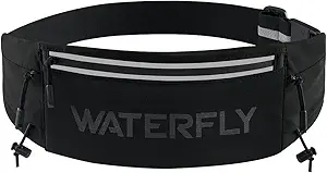 WATERFLY Running Belt Fanny Pack, Runner Race Belt with Bib Clip Black | Breathable, 3 Pocket Waist Bag for Men Women, Phone Holder Fits All Phones for Marathon Jogging Workout Exercise Fitness