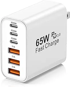 USB C Charger Block,65W 6-Port USBC Charging Block,Wall Charger iPhone Charger Fast Charging,Multiport Type C PD+QC Power Plug for All iPhone 17 16 15 iPad Samsung S23 S24 iWatch Pixel Series (White)