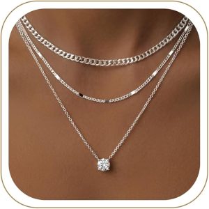 WomenGifts Layered Gold Necklaces for Women, 14K Gold Sterling Silver Plated Dainty Pendant Necklace Set Non Tarnish, Chunky Stackable Cuban Chain Choker, Trendy Birthstone Vacation Jewelry Gift