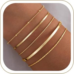 Dainty Gold Bracelet for Women Trendy Non Tarnish, Thin Bracelets Stackable Set with Bangle Cuff, Box, Herringbone, Paperclip, Figaro, Sparkling Link Chains Waterproof, Simple Jewelry Gifts for Women
