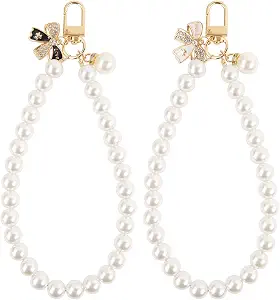AULEEP 2pcs Classic Pearl Phone Charm for Women, Butterfly Beaded Smartphone Bracelet Wrist Strap, Handmade Chain for iPhone