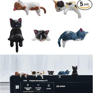 5 PCS Cute Cat Car Dashboard Decoration, Funny Mini Pussy Figure Rearview Mirror Ornament, Kawaii Resin Cat Figurines Auto Interior Dash Decor Accessories for Women Girl (Black)
