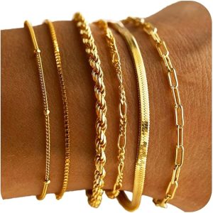 Dearmay Gold Bracelets for Women Waterproof, 14K Gold Plated Minimalist Bracelets Stack Non Tarnish Trendy Dainty Herringbone Vintage Cuban Paperclip Rope Thin Box Link Chain Stackable Jewelry Sets Modern Fashion Accessories Gifts for Womens