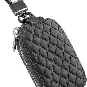 IHOTDER Stylish Car Key Case with Keychain and Zipper - Genuine Leather Car Key Case Holder for Remote Key Cover Replacement (Black)