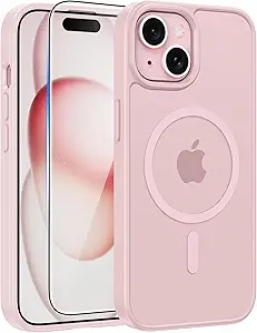 FNTCASE for iPhone 15/14/13 Case, Fit for Magsafe, Glass Screen Protector | Translucent Matte, Magnetic Phone Cases, 14FT Military Grade Drop Protection, Slim Shockproof Protective Cover, Light Pink