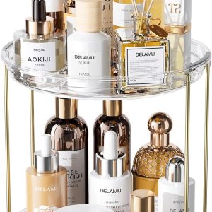 Delamu Rotating Makeup Organizer for Vanity, 2 Tier Bathroom Counter Organizer with Stackable Design, Spinning Skincare Organizer for Bathroom Countertop, Perfume Cosmetic Storage, Clear