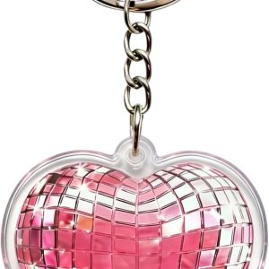Pink Disco Ball Heart Keychain, Aesthetic Mirror Heart Acrylic Keychain for Women Girls, Cute Shiny Bag Charm, Double-Sided Clear Pendant for Keys Purse Backpack Gift
