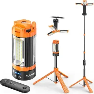 CAVN Rechargeable Camping Lights with Remote & Detachable Tripod Max Height 6.0 ft, Portable Work Light with 3 LED Lamp Heads, Camping Essentials Gear Emergency Flashlight with Hook, Orange