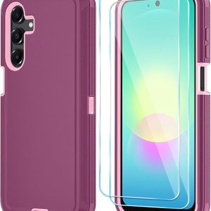 Qinmay Phone Case for Samsung Galaxy A27 5G Case with HD Screen Protector, Heavy Duty Shockproof 3-Layer Cover Phone Case for Galaxy A27, WineRedPink