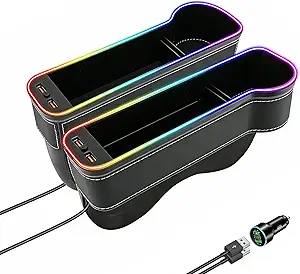 2 Pack LED Car Seat Gap Organizer with 56W Charger, Black | 4-in-1 Seat Gap Storage Box with USB Fast Charger & 7 Color Ambient Light,Seat Gap Filler with Cup Holder Led Car Accessories