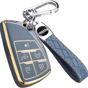 for Chevy GMC Key Fob Cover with Keychain, for Silverado 1500 GMC Sierra 1500 2500HD 3500HD Buick Envision, Soft TPU Key Shell Case Remote Smart Key Holder（5 Buttons Gray）