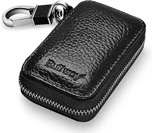 Buffway Car Key case,Genuine Leather Car Key Chain Keychain Holder Metal Hook and Keyring Zipper Bag for Remote Key Fob - Black