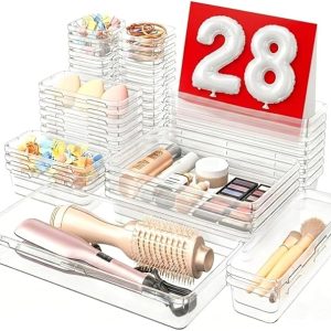 A-LuGei 【Military Grade】 Drawer Organizer,【𝟱𝗦𝗶𝘇𝗲】 Makeup organizer,【Holds 177 Items】 Bathroom Organizers and Storage,Organization and Storage,Desk Drawer Organizer for Vanity【Clear】