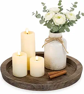 Hanobe Round Wooden Candle Holder Trays for Coffee Table, Distressed Finish | 11.2" Rustic Decorative Candlestick Plates for Kitchen Centerpiece, Farmhouse Living Room Fall Decor