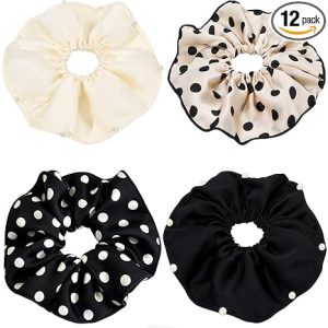 VOBOBE 4PCS Oversized Satin Scrunchies with Pearl and Polka Dot for Girls | 7.9 Inches Jumbo Large Hair Ties Ponytail Holders for Women Girls, Vintage Chic Extra Large Hair Accessories