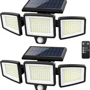 Tuffenough Solar Outdoor Lights 2500LM 210 LED Security Lights with Remote Control,3 Heads Motion Sensor Lights, IP65 Waterproof,270° Wide Angle Flood Wall Lights with 3 Modes(2 Packs)