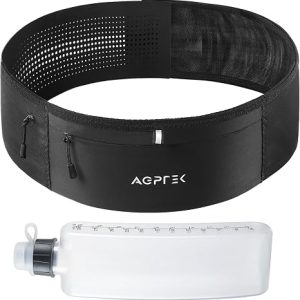 AGPTEK Slim Running Belt with Water Bottle and Phone Pocket for Women & Men | Hydration Belt Design, No Bounce Fit, Breathable Comfort, Reflective for Night Running, L