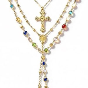 4PCS Layered Gold Cross Necklaces for Women Trendy, Bohemian Bead Pearl Y Long Pendant Necklace Set, Vintage Rosary Necklace Stack Adjustable Length