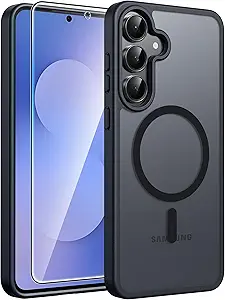FNTCASE for Samsung Galaxy S25 FE Case, Fit for Magsafe, Screen Protector | Translucent Matte Magnetic Back, 14FT Military Grade Drop Protection, Slim Shockproof Protective Phone Cover, Black