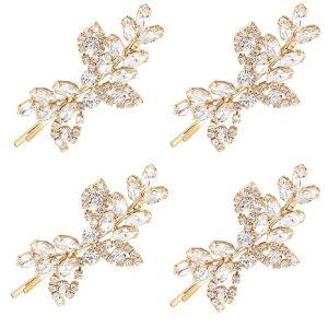 Waydress 4 Pcs Rhinestone Hair Clip Wedding Bridal Hair Barrette Decorative Leaf Crystal Side Hairpin Accessories for Women(Rhinestone Style,Gold)