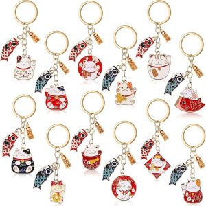 12 Pcs Japanese Souvenir Lucky Cat Keychain Maneki Neko Japan Souvenirs Lucky Beckoning Cat Keychains for Women