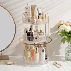 Aveniee 3-Tier 360° Rotating Makeup Organizer, Clear Spinning Perfume Cosmetic Storage for Vanity Countertop, Sturdy Metal Pole Skincare Holder Stand for Bathroom Dresser, White