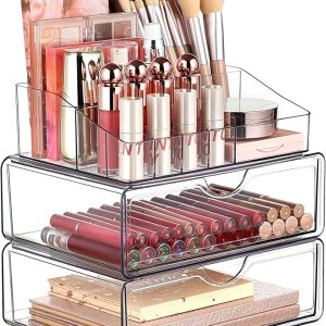 Vtopmart 3 Tier Clear Makeup Organizer with 2 Drawers | Smart Storage Layout, Clear for Better Visibility, Stackable, Large Capacity, for Makeup Lipstick Brush Skincare