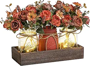 3 Pcs Mason Jar Centerpiece Table Decorations for Dining Table Decor Farmhouse Coffee Table Decor with Wood Tray and Led Light Table Centerpieces for Dining room Kitchen Living Bathroom,Orange | Rustic Farmhouse Decor for Home Décor Accents Kitchen Counter Decor Dining Room Living Bathroom,Orange